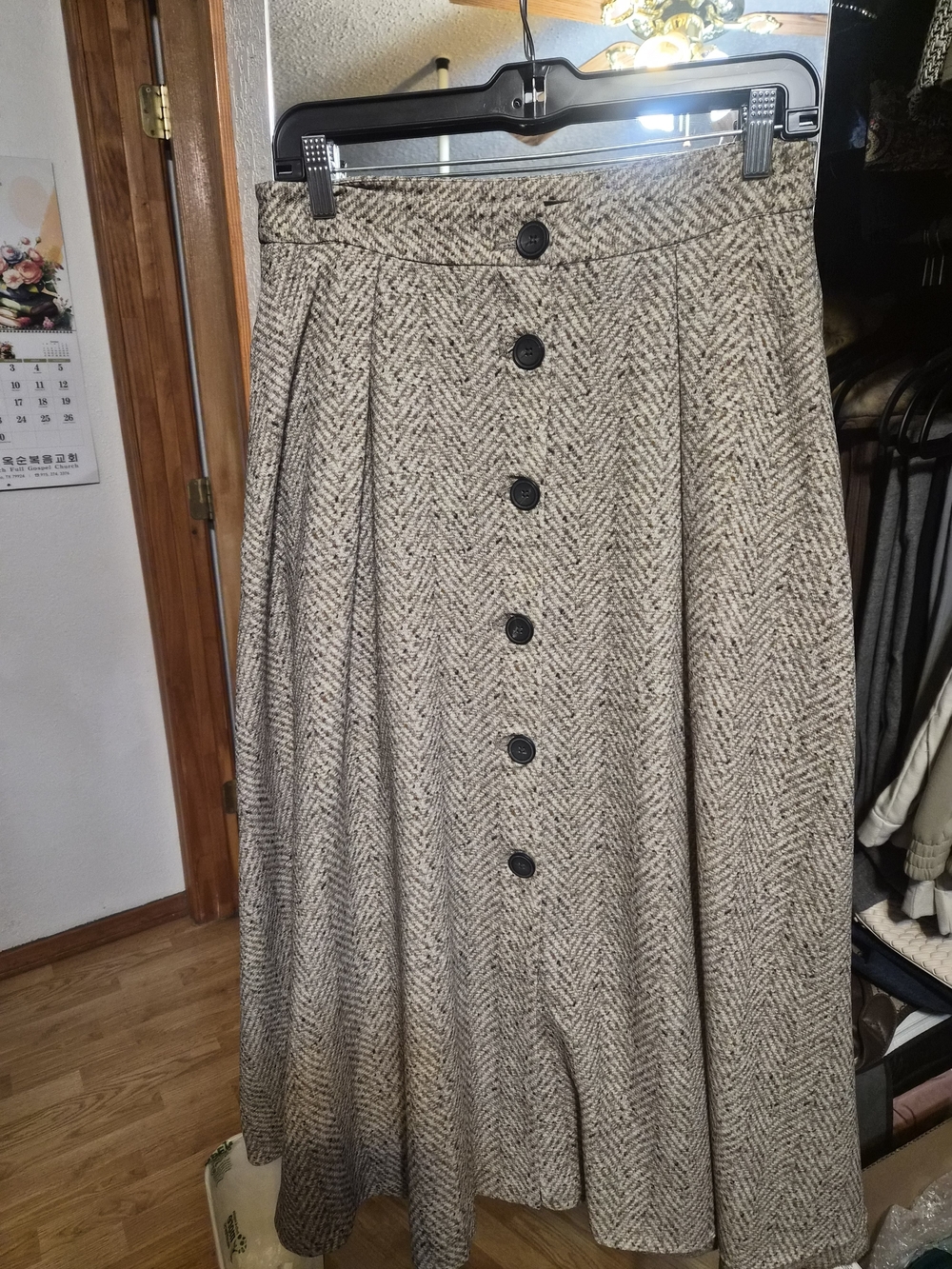 Zara Taupe Herringbone Button-Front A-Line Midi Skirt